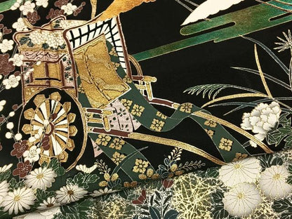 平和屋着物▽豪華黒留袖 単衣 御所車花文 鶴 黒地 金彩 ロング丈 正絹 逸品 AABC4081fy