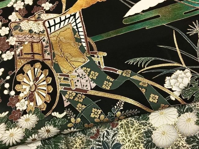 平和屋着物▽豪華黒留袖 単衣 御所車花文 鶴 黒地 金彩 ロング丈 正絹 逸品 AABC4081fy
