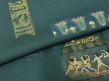 平和屋着物▽訪問着 単衣 壁画文様 金彩 正絹 逸品 AABC4084fy