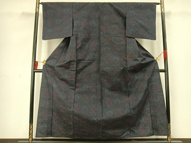 平和屋着物▽上質な紬 単衣 亀甲花文 正絹 逸品 AABC4086fy