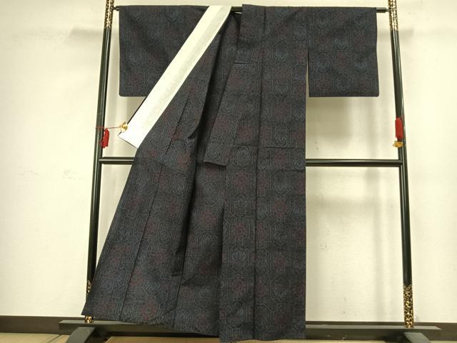 平和屋着物▽上質な紬 単衣 亀甲花文 正絹 逸品 AABC4086fy