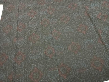 平和屋着物▽上質な紬 単衣 亀甲花文 正絹 逸品 AABC4086fy