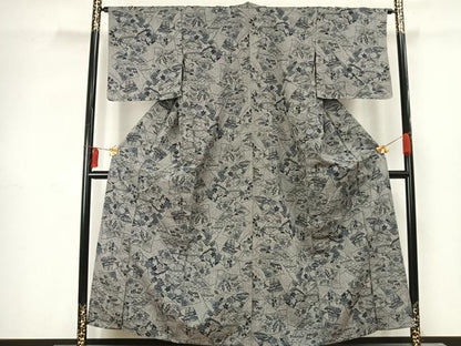 平和屋着物▽上質な紬 単衣 色紙風景花文 正絹 逸品 AABC4088fy