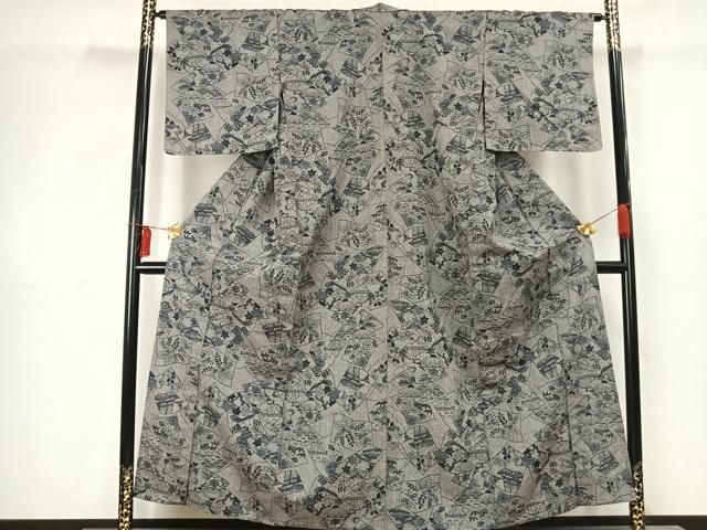 平和屋着物▽上質な紬 単衣 色紙風景花文 正絹 逸品 AABC4088fy