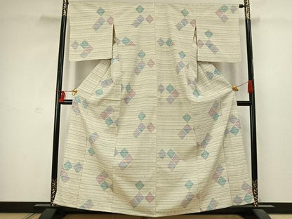平和屋着物▽本塩沢 単衣 菱文 正絹 逸品 AABC4089fy
