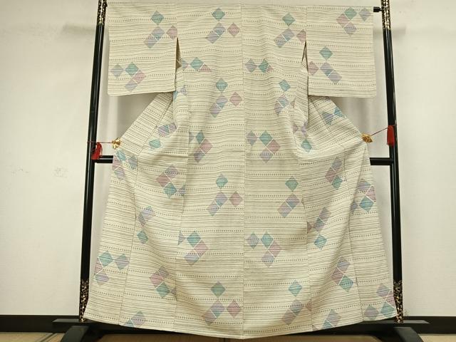平和屋着物▽本塩沢 単衣 菱文 正絹 逸品 AABC4089fy
