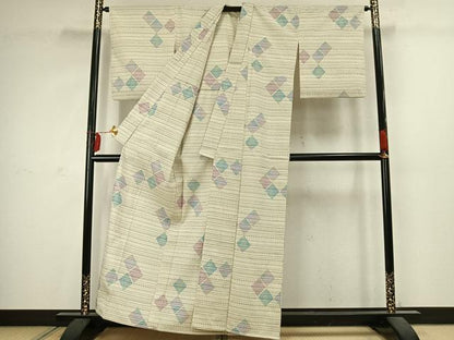 平和屋着物▽本塩沢 単衣 菱文 正絹 逸品 AABC4089fy