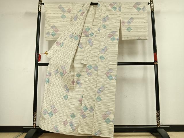 平和屋着物▽本塩沢 単衣 菱文 正絹 逸品 AABC4089fy