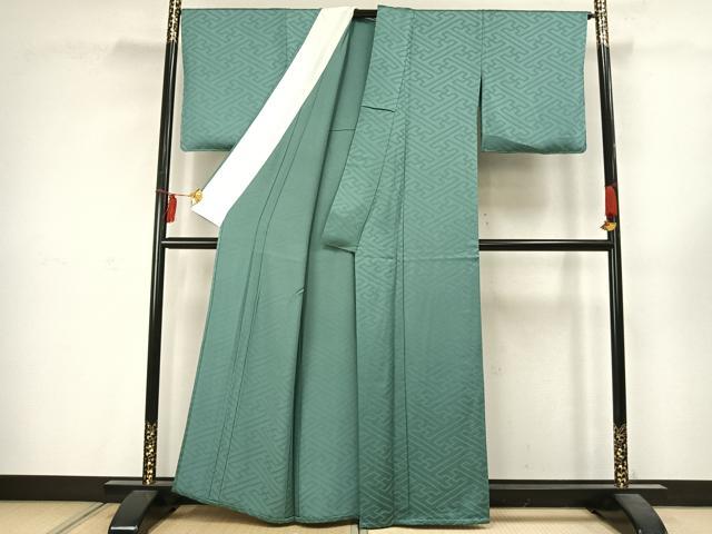 平和屋着物▽上質な色無地 単衣 紗綾形地紋 青磁色 正絹 逸品 未使用 AABC4090fy