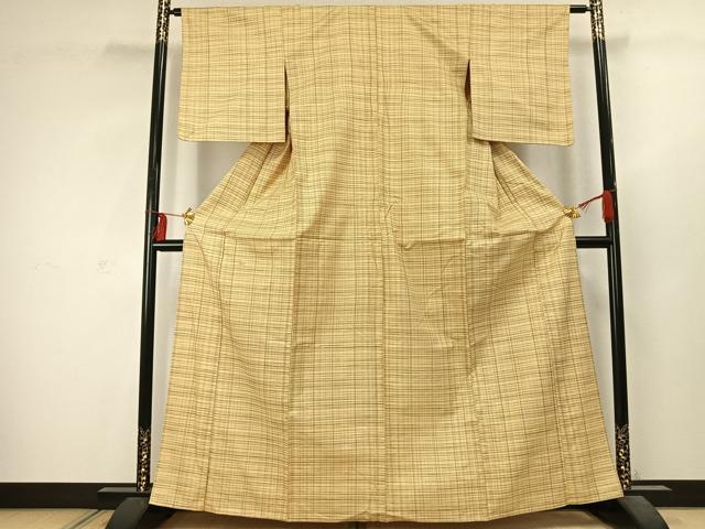 平和屋着物▽上質な紬 単衣 格子 正絹 逸品 AABC4095fy