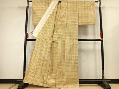 平和屋着物▽上質な紬 単衣 格子 正絹 逸品 AABC4095fy