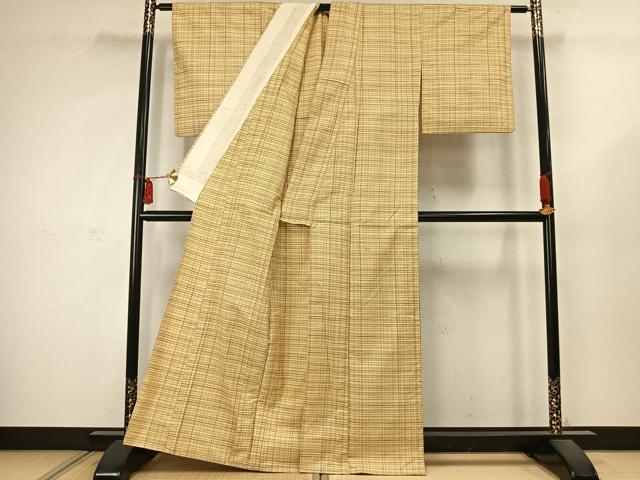 平和屋着物▽上質な紬 単衣 格子 正絹 逸品 AABC4095fy