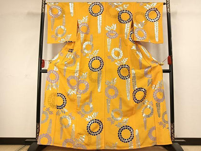 平和屋着物▽小紋　単衣　草花文　銀彩　洗える着物　AABC4098fy