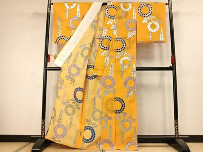 平和屋着物▽小紋　単衣　草花文　銀彩　洗える着物　AABC4098fy