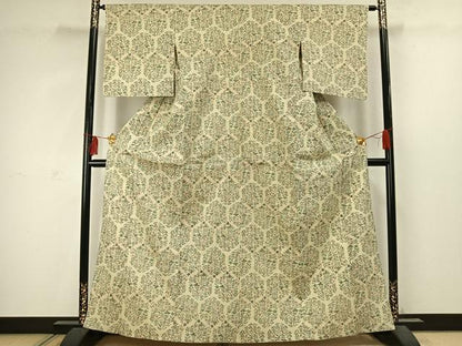 平和屋着物▽上質な紬 単衣 草花文 正絹 逸品 AABC4099fy