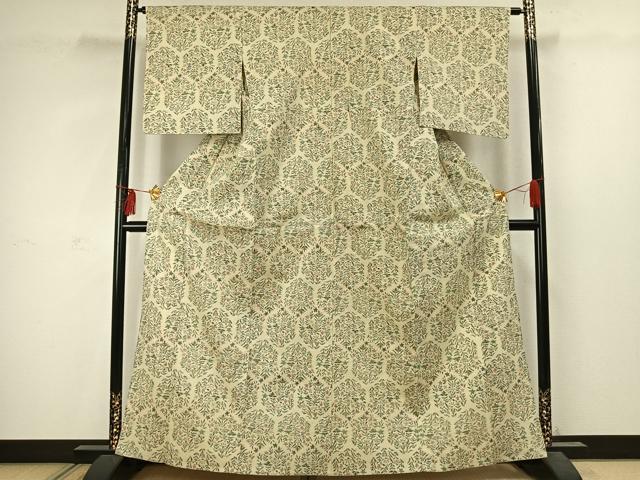 平和屋着物▽上質な紬 単衣 草花文 正絹 逸品 AABC4099fy