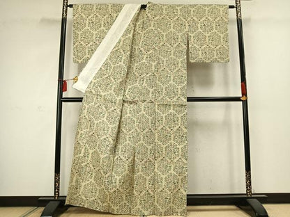 平和屋着物▽上質な紬 単衣 草花文 正絹 逸品 AABC4099fy
