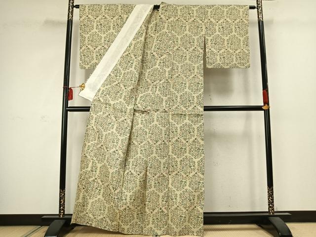 平和屋着物▽上質な紬 単衣 草花文 正絹 逸品 AABC4099fy