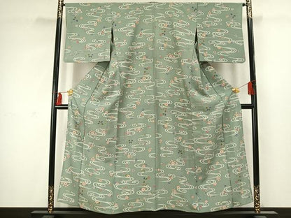 平和屋着物▽上質な小紋　単衣　流水草花文　正絹　逸品　AABC4104fy