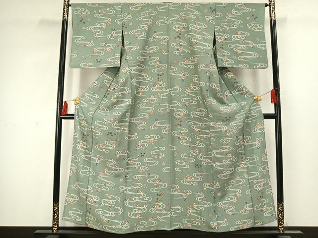 平和屋着物▽上質な小紋　単衣　流水草花文　正絹　逸品　AABC4104fy