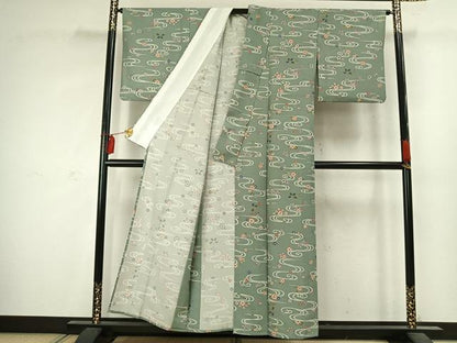 平和屋着物▽上質な小紋　単衣　流水草花文　正絹　逸品　AABC4104fy