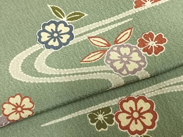平和屋着物▽上質な小紋　単衣　流水草花文　正絹　逸品　AABC4104fy