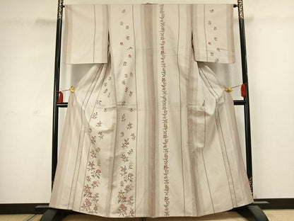 平和屋着物▽訪問着　単衣　紬地　草花間道　正絹　逸品　AABC4107fy