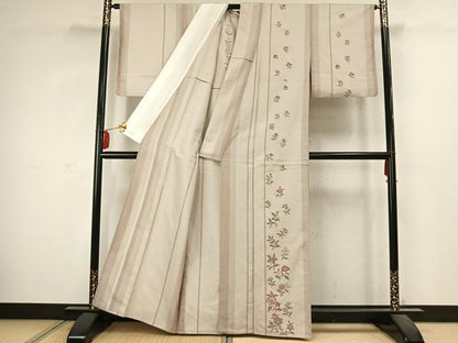 平和屋着物▽訪問着　単衣　紬地　草花間道　正絹　逸品　AABC4107fy