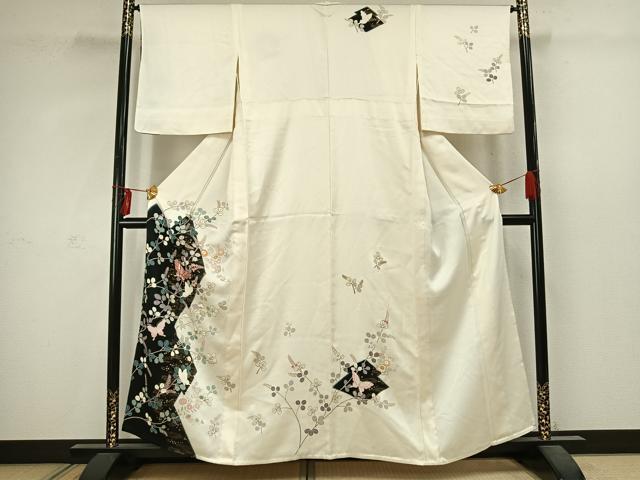 平和屋着物▽訪問着 単衣 刺繍 花蝶文 金彩 正絹 逸品 AABC4112fy