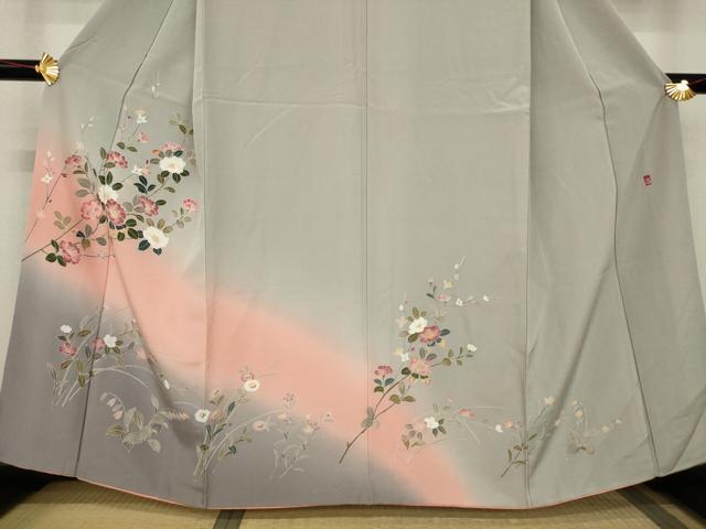 平和屋着物●訪問着　友禅　作家物　枝花文　暈し染め　正絹　逸品　AABC4197ck