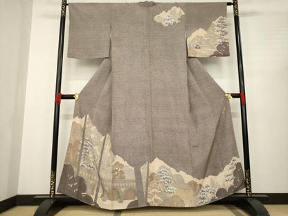 平和屋着物●創業明治元年、京の老舗【小糸染芸】　小糸敏夫　訪問着　渡り橋風景文　浜ちりめん　反端付き　正絹　逸品　AABC4198ck