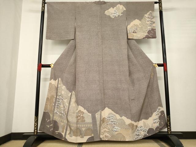 平和屋着物●創業明治元年、京の老舗【小糸染芸】　小糸敏夫　訪問着　渡り橋風景文　浜ちりめん　反端付き　正絹　逸品　AABC4198ck