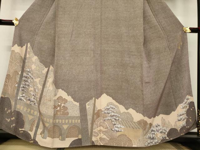 平和屋着物●創業明治元年、京の老舗【小糸染芸】　小糸敏夫　訪問着　渡り橋風景文　浜ちりめん　反端付き　正絹　逸品　AABC4198ck