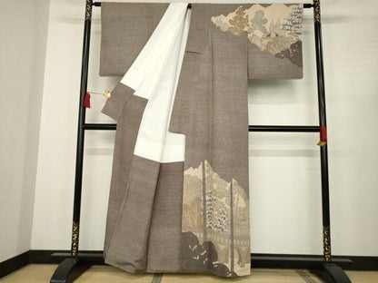 平和屋着物●創業明治元年、京の老舗【小糸染芸】　小糸敏夫　訪問着　渡り橋風景文　浜ちりめん　反端付き　正絹　逸品　AABC4198ck