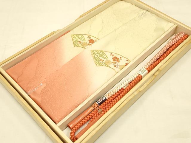 平和屋本店●和装小物　帯締め・帯揚げセット　振袖用　地紙花文　暈し染め　金糸　金彩　逸品　未使用　AABC4273ay