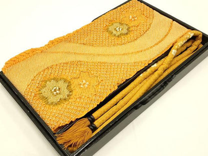 平和屋本店●和装小物 帯締め・帯揚げセット 振袖用 総絞り 刺繍 丸ぐけ 流水花文 金糸 金彩 撚り房 正絹 逸品 AABC4399ay