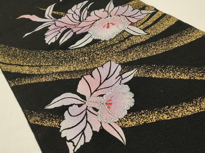 平和屋本店●和装小物 帯締め・帯揚げセット 丸ぐけ 刺繍 草花文 銀糸 金彩 木玉 正絹 逸品 未使用 AABC4400ay