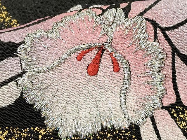 平和屋本店●和装小物 帯締め・帯揚げセット 丸ぐけ 刺繍 草花文 銀糸 金彩 木玉 正絹 逸品 未使用 AABC4400ay