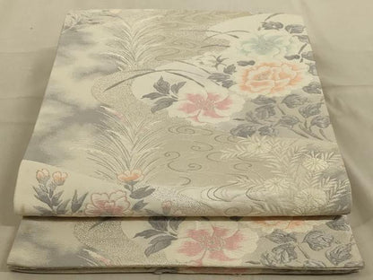 平和屋着物◎六通柄袋帯　唐織　流水花文　銀糸　正絹　逸品　AABC4403ou
