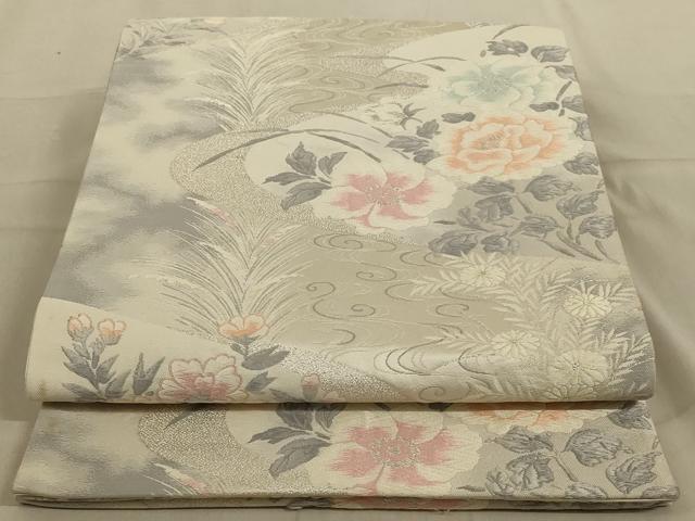 平和屋着物◎六通柄袋帯　唐織　流水花文　銀糸　正絹　逸品　AABC4403ou