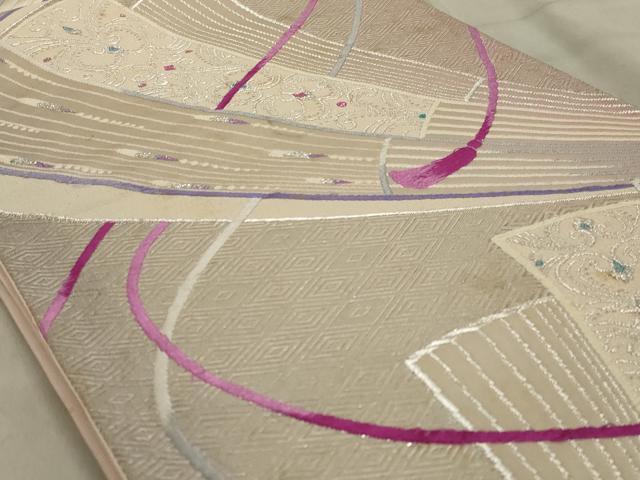 平和屋着物◎六通柄袋帯　唐織　孔雀羽文　銀糸　正絹　逸品　AABC4420ou