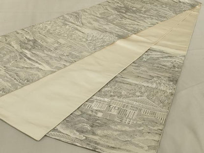 平和屋着物◎六通柄袋帯　風景文　銀糸　正絹　逸品　AABC4425ou