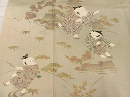 平和屋着物●訪問着　刺繍　童子　風景　松竹梅　暈し染め　金彩　正絹　逸品　AABC4456ph
