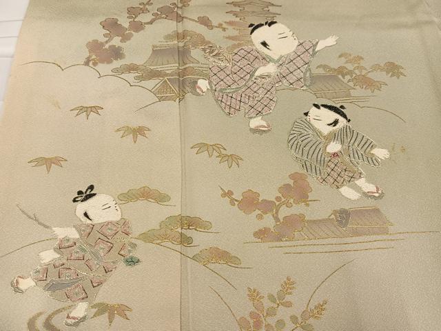平和屋着物●訪問着　刺繍　童子　風景　松竹梅　暈し染め　金彩　正絹　逸品　AABC4456ph