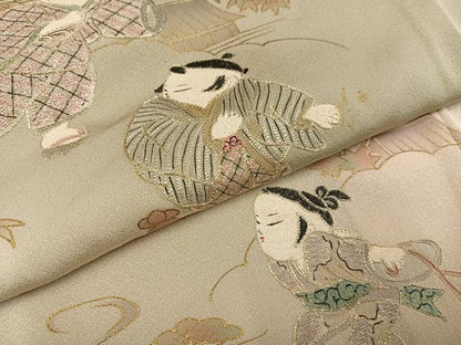 平和屋着物●訪問着　刺繍　童子　風景　松竹梅　暈し染め　金彩　正絹　逸品　AABC4456ph