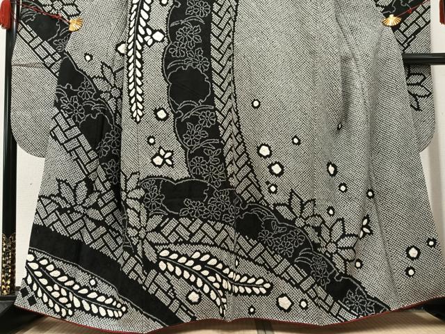 平和屋着物●豪華振袖　総絞り　草花文　黒地　正絹　逸品　AABI2616cs