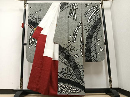 平和屋着物●豪華振袖　総絞り　草花文　黒地　正絹　逸品　AABI2616cs