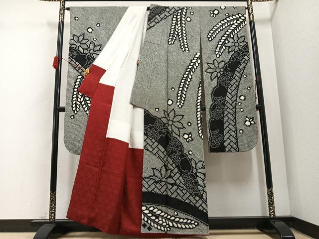 平和屋着物●豪華振袖　総絞り　草花文　黒地　正絹　逸品　AABI2616cs