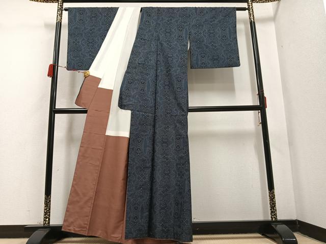 平和屋着物●本場大島紬 一元絣 花唐草文 正絹 逸品 AABC4508ph