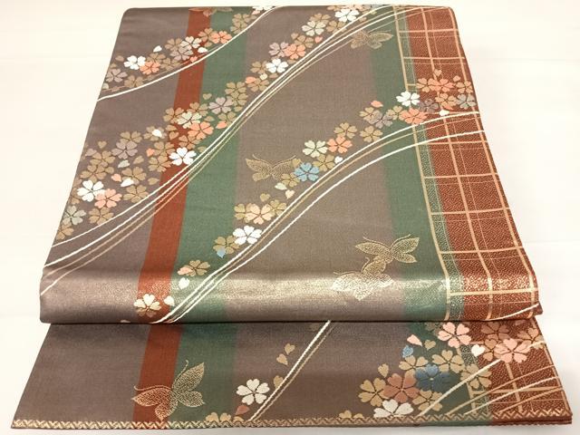 平和屋着物◎六通柄袋帯 唐織 花蝶文 金糸 正絹 逸品 AABC4521yx